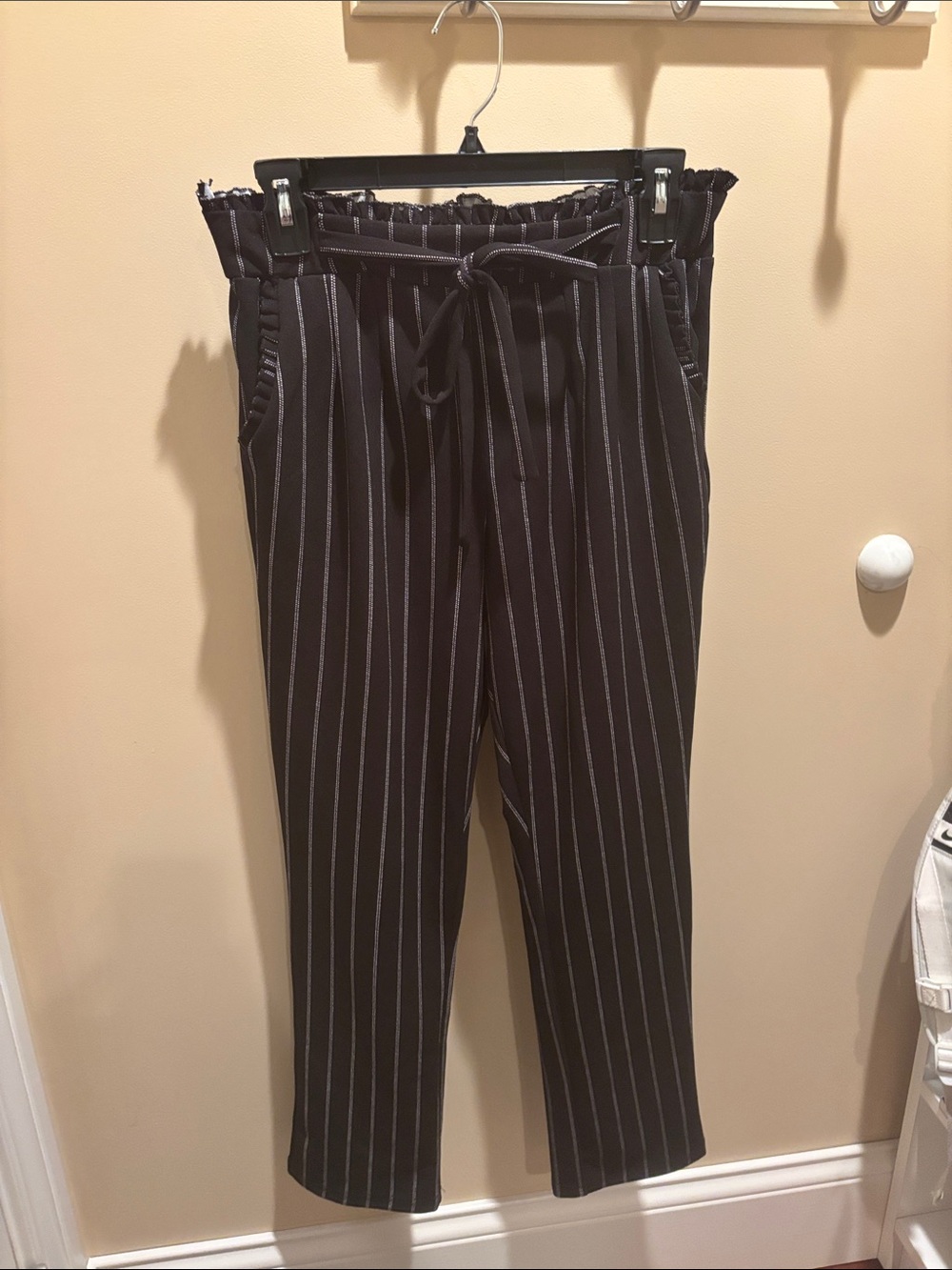 Soho Apparel Black Pinstripe Paperbag Waist Pants